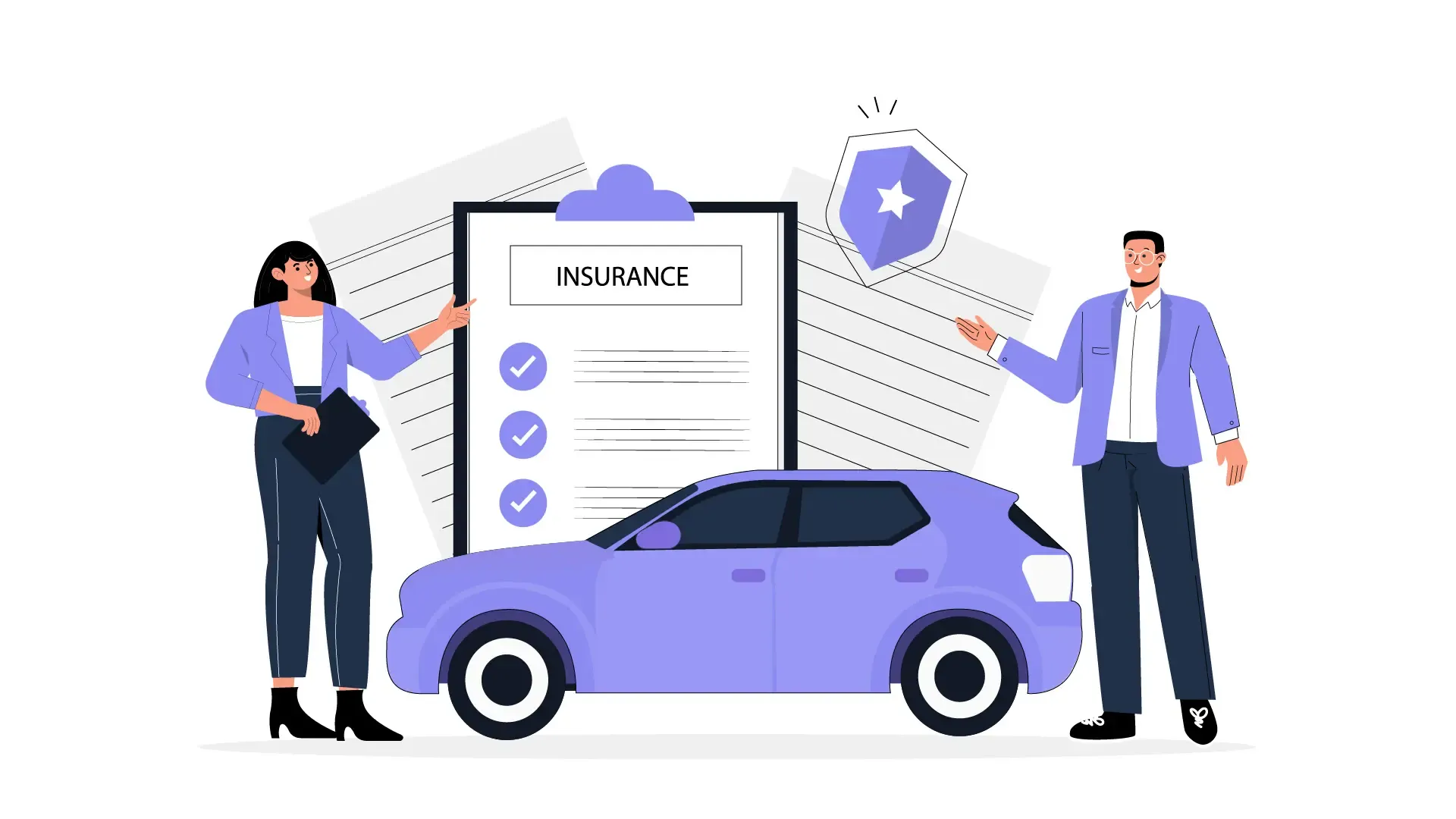 Vector Illustration of a Woman 2D Flat Design Reviewing Auto Insurance Policy